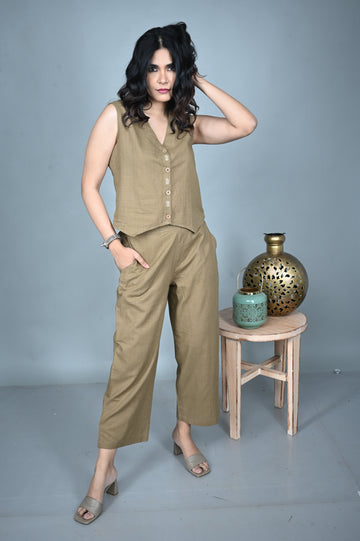 Mud Brown Handwoven Top with Pants Co-ord Set (set of 2)