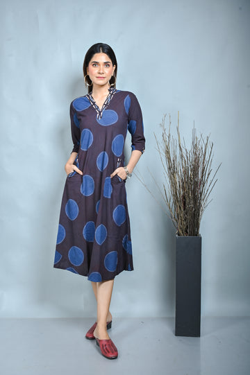Black Ajrakh Block Printed Bias Dress With Kantha Embroidery All Over