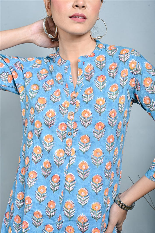 Turquoise Block Printed Pleated Top