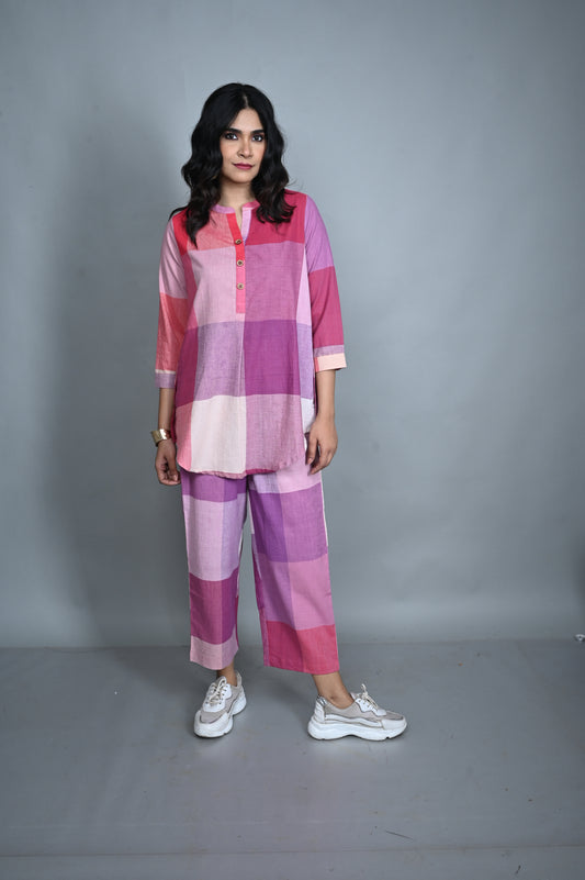 Pink-White Checks Handwoven Top with Buttons Detailing & Pants Co-ord Set (set of 2)