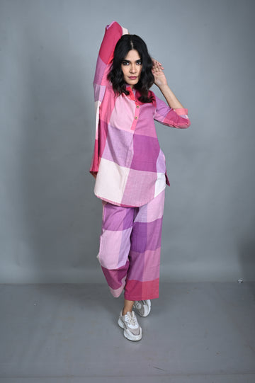 Pink-White Checks Handwoven Top with Buttons Detailing & Pants Co-ord Set (set of 2)