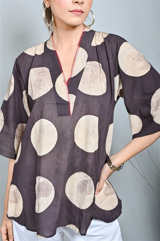 Brown Block Print Anti-fit Tunic with Hand Embroidery Detailing
