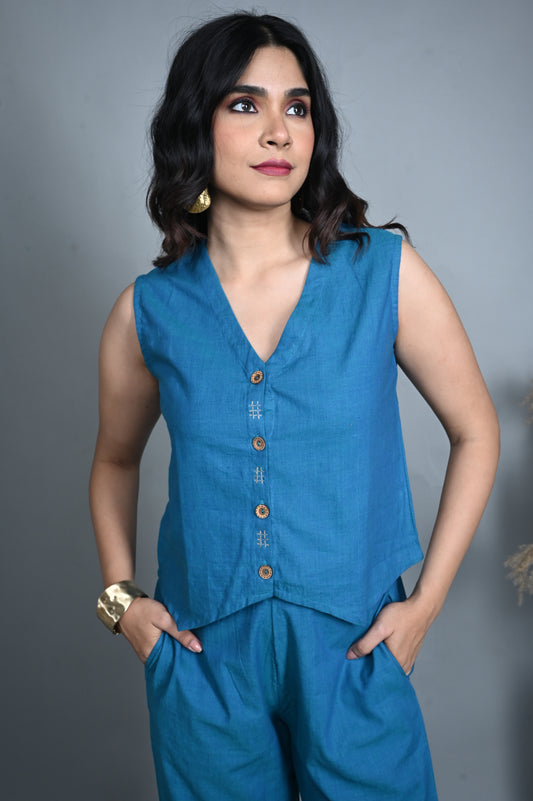 Teal Handwoven Top with Pants Co-ord Set (set of 2)
