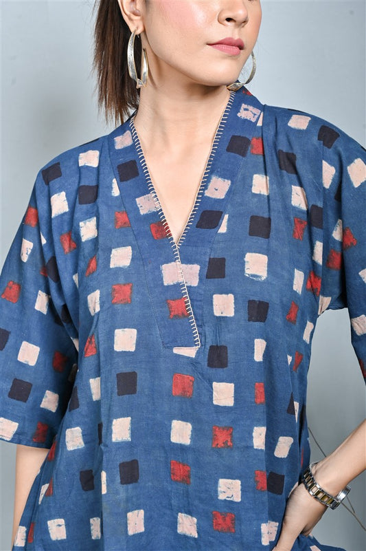 Indigo Block Print Anti-fit Tunic with Hand Embroidery Detailing