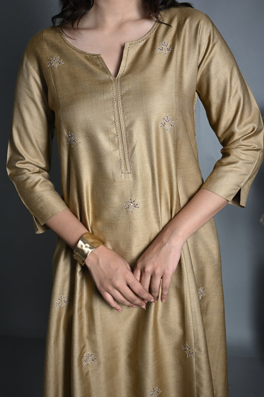 Gold Silk Slub Kurta and Gold Silk Slub Pants Co-ord Set (set of 2)