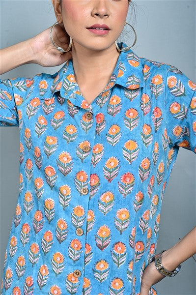 Turquoise Block Printed Front Open Dress