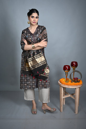Ajrakh Cotton Stole with Chanderi Silk Detailing