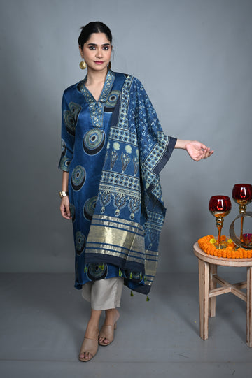 Blue Ajrakh Cotton Stole with Chanderi Silk Accents