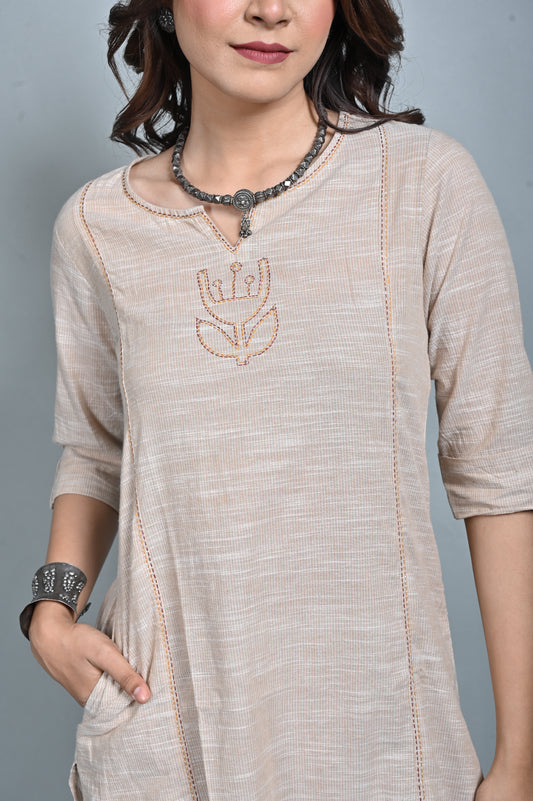 Beige Three Panel A Line Co-ord Set with Hand Embroidery Detailing (Set of 2)