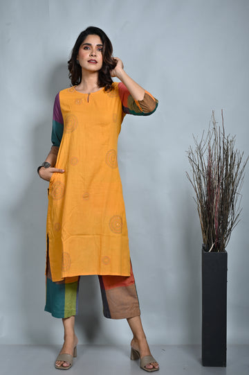 Mustard Handwoven Straight Cut Kurta with Multicolour Checks Sleeves