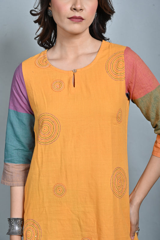 Mustard Handwoven Straight Cut Kurta with Multicolour Checks Sleeves