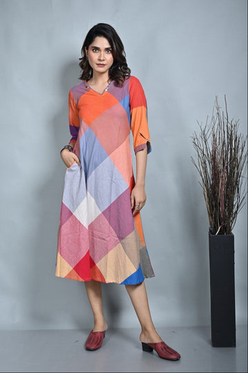 Orange-Red Handwoven Checks Bias Dress With Kantha Hand Embroidery Detailing On Neck