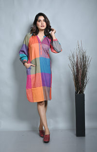 Multicolour Checks Handwoven Reglan Sleeves Dress