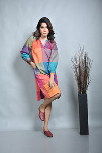 Multicolour Checks Handwoven Reglan Sleeves Dress