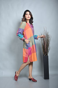 Multicolour Checks Handwoven Reglan Sleeves Dress