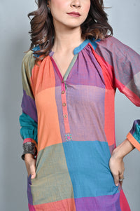Multicolour Checks Handwoven Reglan Sleeves Dress