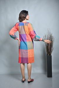 Multicolour Checks Handwoven Reglan Sleeves Dress