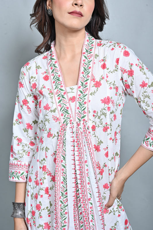 White Floral Printed Cotton Gathers Dress