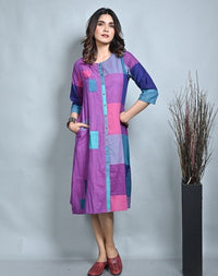 Pink-Purple Checks Handwoven Half & Half Front Open Kurta