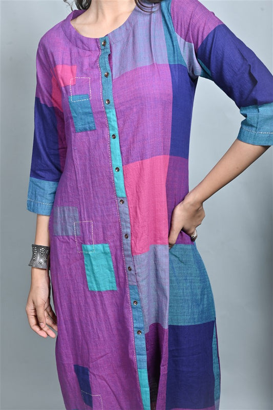 Pink-Purple Checks Handwoven Half & Half Front Open Kurta