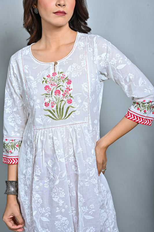 White Printed Gathers Kurta with Hand Embroidery Detailing