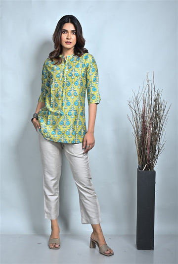 Lime Chanderi Block Print Tunic