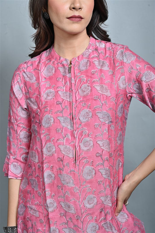 Pink Chanderi Block Print Tunic