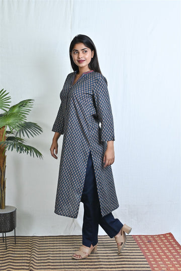 Indigo Ajrakh Printed Straight Kurta with Hand Embroidery Detailing
