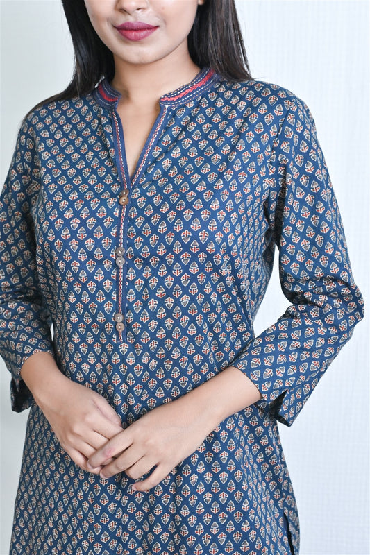 Indigo Ajrakh Printed Straight Kurta with Hand Embroidery Detailing