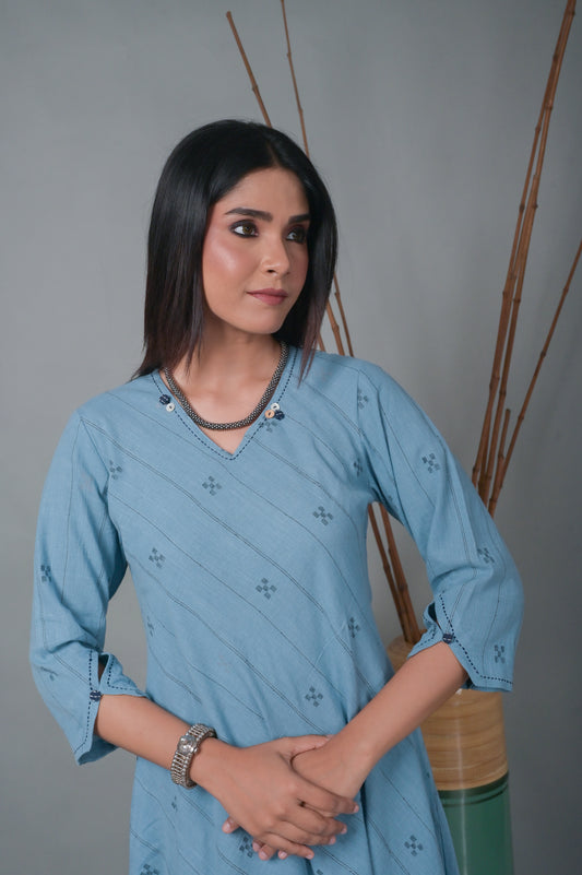 Light Blue Jamdani Handwoven Bias Dress