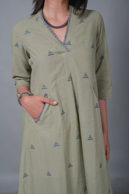 Olive Jamdani Dress with Pockets