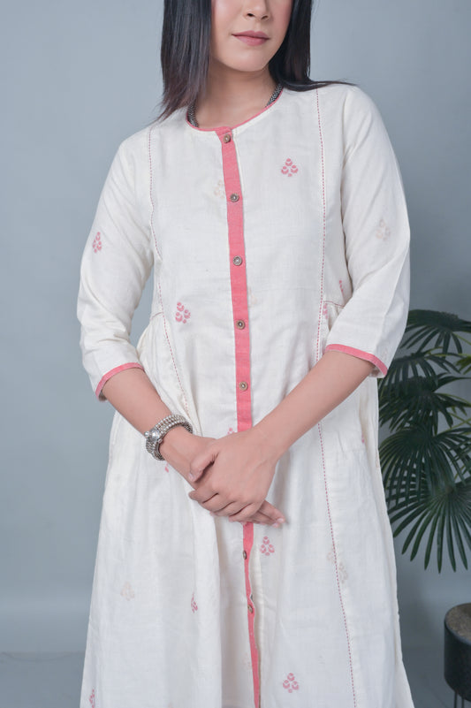 Ivory Jamdani Handwoven Long Gather Dress