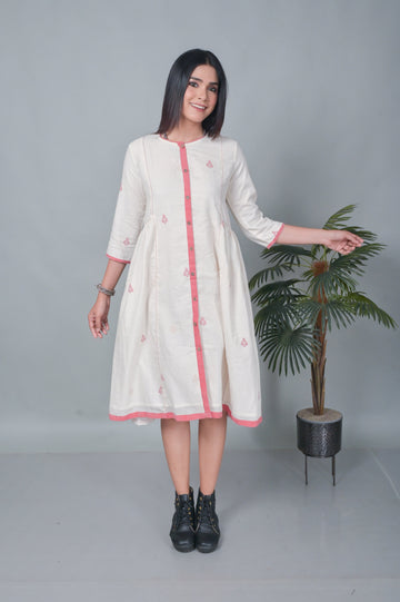 Ivory Jamdani Handwoven Long Gather Dress