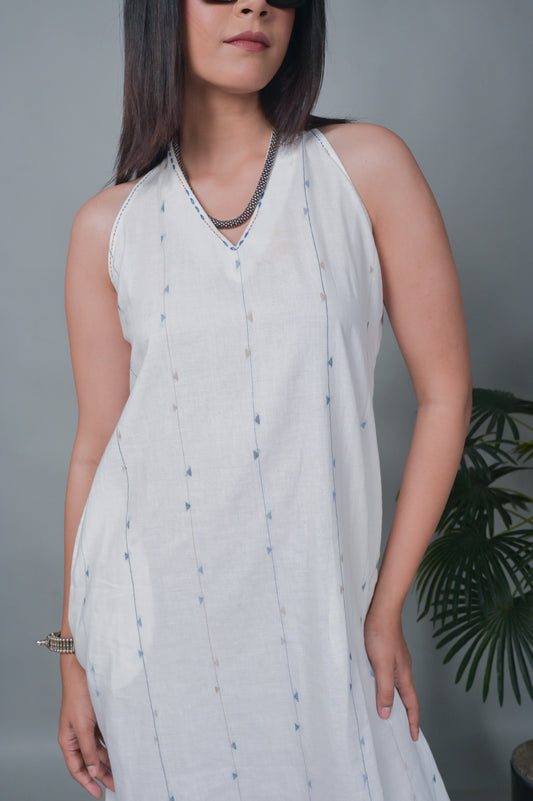 White Jamdani Halter Neck Dress