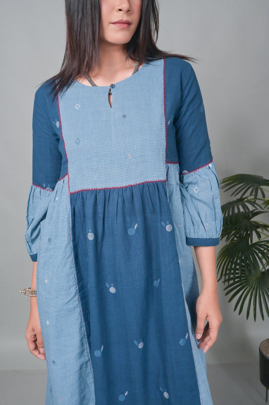 Blue Jamdani Handwoven Long Gather Dress