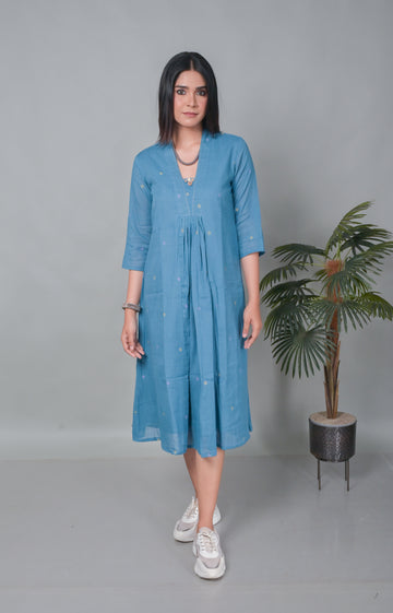 Blue Floral Jamdani Handwoven Long Dress