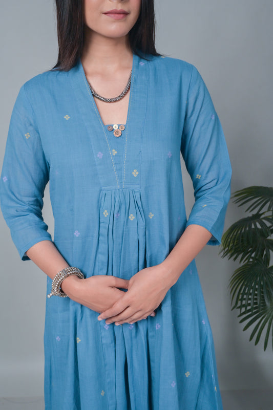 Blue Floral Jamdani Handwoven Long Dress