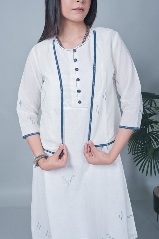 Off-White Jamdani Halter Neck Dress With Shrug (Set of 2)