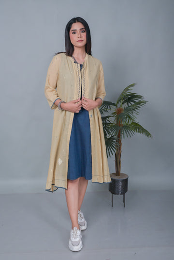 Mustard Jamdani Shrug with Blue Dress & with Hand Embroidery Detailing (Set of 2)