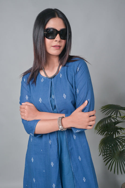 Indigo Jamdani Jacket Style Long Dress