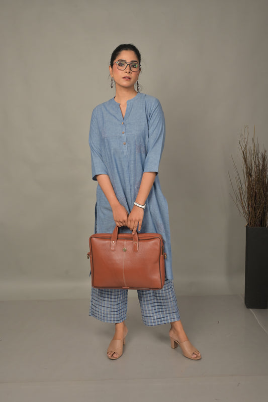 Blue Handwoven Geometric A-Line Kurta with Hand Embroidery Detailing