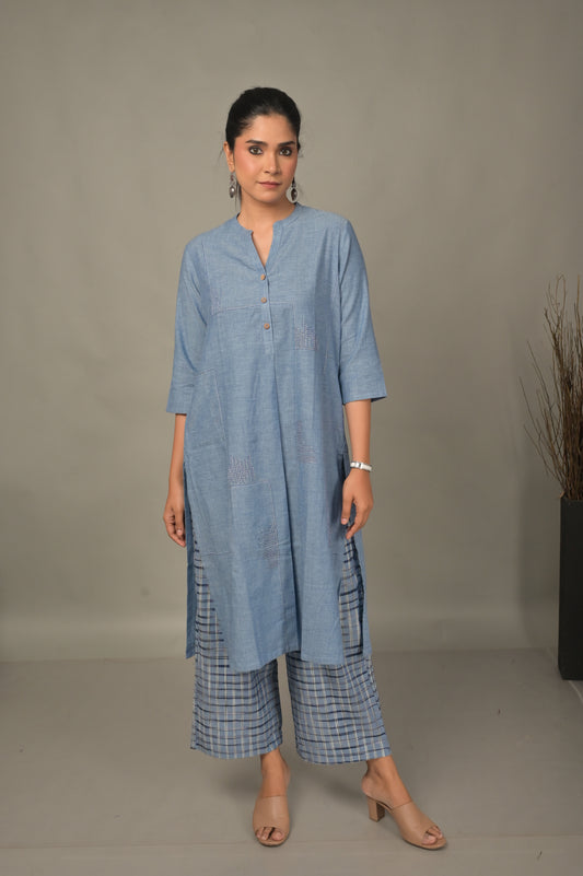 Blue Handwoven Geometric A-Line Co-ord set with Hand Embroidery Detailing (Set of 2)