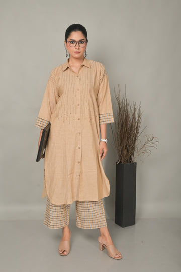 Beige Handwoven Anti-Fit Co-ord set with Hand Embroidery Detailing (Set of 2)