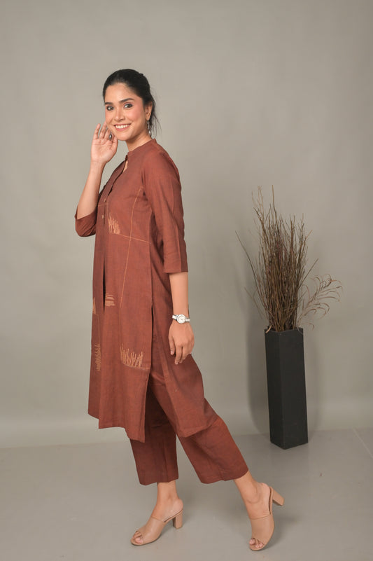 Brown Handwoven Geometric A-Line Kurta with Hand Embroidery Detailing