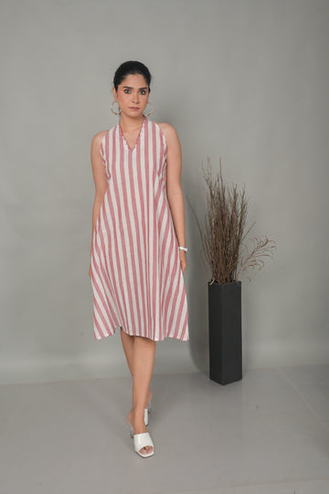 White-Red Stripe Halter Neck A-Line Dress