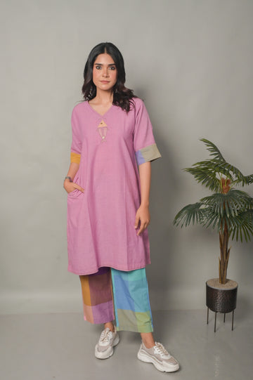 Pastel Pink Fish Patchwork Kantha Handwoven Co-ord Set (Set of 2)