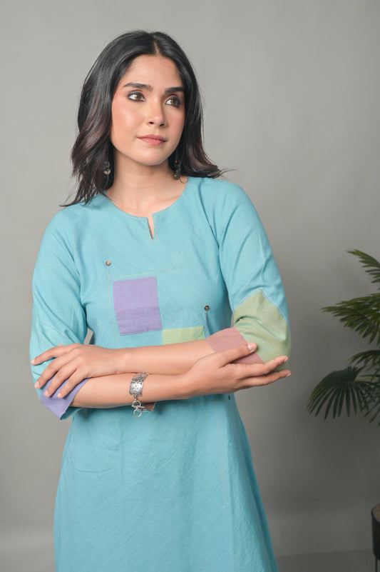 Pastel Blue Handwoven A-Line Bias Dress with Hand Embroidery Detailing Co-ord Set (Set of 2)