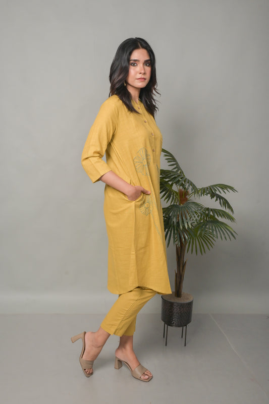 Mustard A-Line Co-ord set with Floral Motifs (Set of 2)
