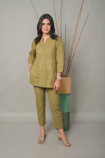Olive Mineral Body Co-ord set with Floral Motifs (Set of 2)