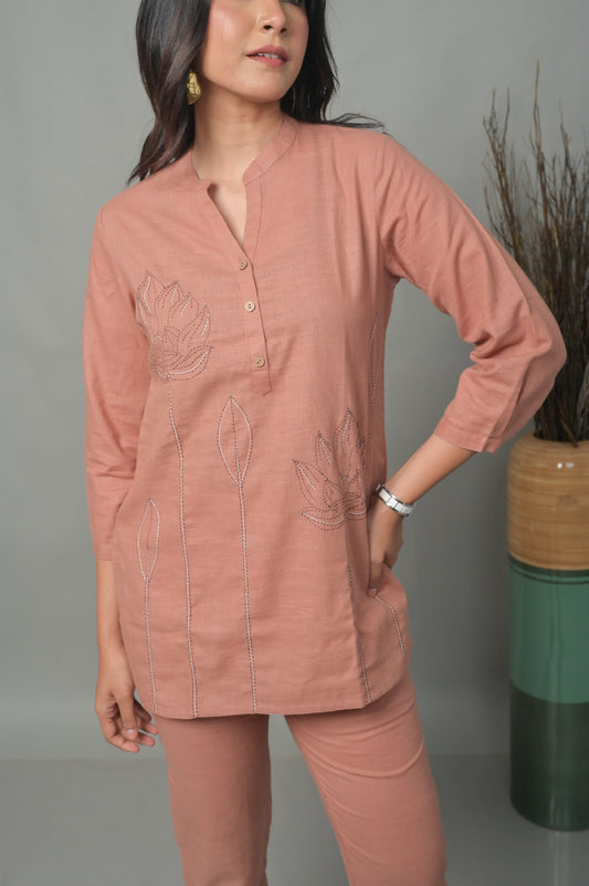 Dusty Pink Mineral Body Co-ord set with Floral Hand Embroidery Detailing (Set of 2)
